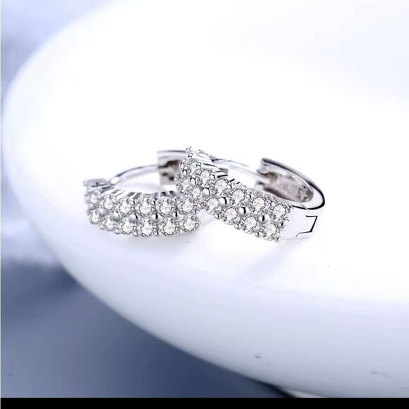 925 Sterling Silver Hoop Earrings with Double Row Cubic Zirconia Diamonds NEW - Picture 2 of 4